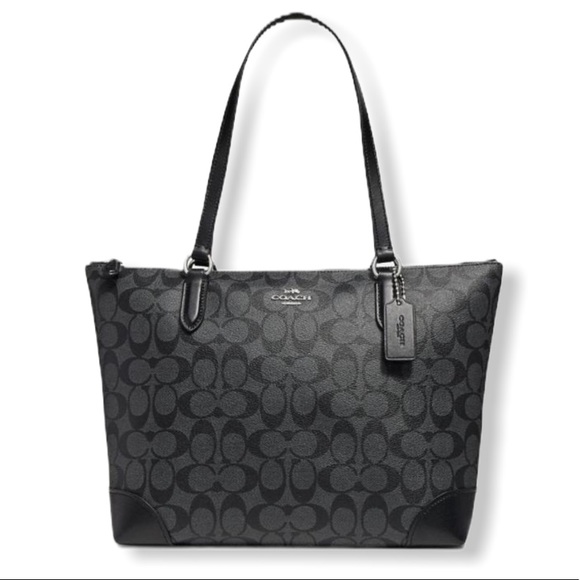 Coach Handbags - COACH Zip Top Tote Signature Canvas Leather Black
